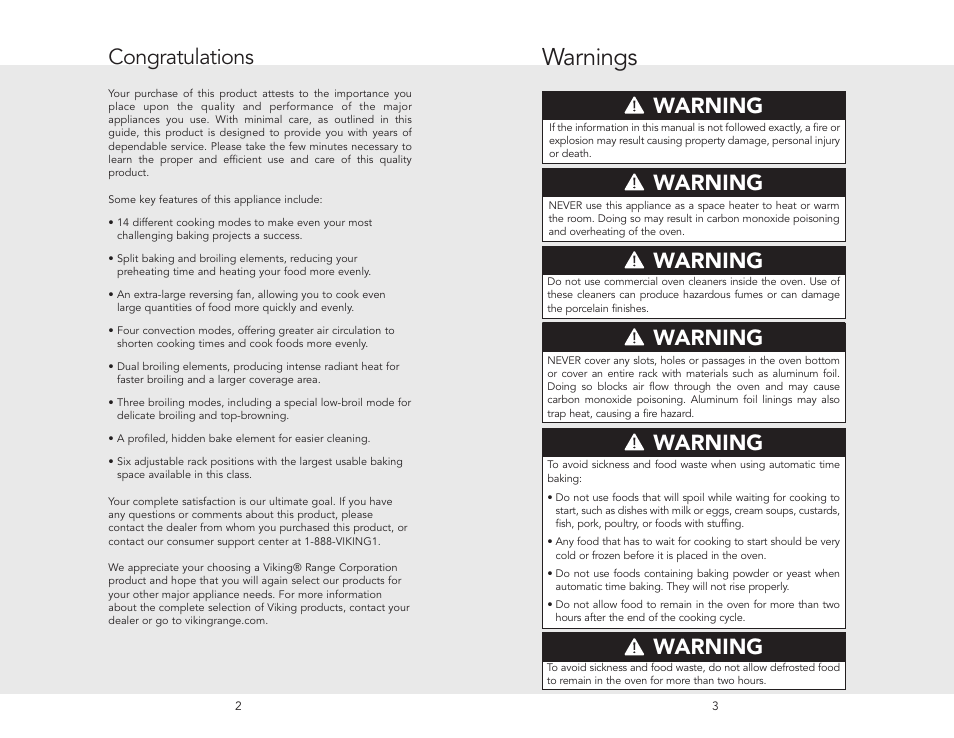 Warnings, Warning | Viking F20366B User Manual | Page 2 / 30