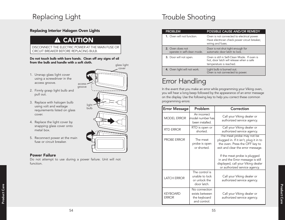 Replacing light, Trouble shooting, Error handling | Caution | Viking F20366B User Manual | Page 28 / 30