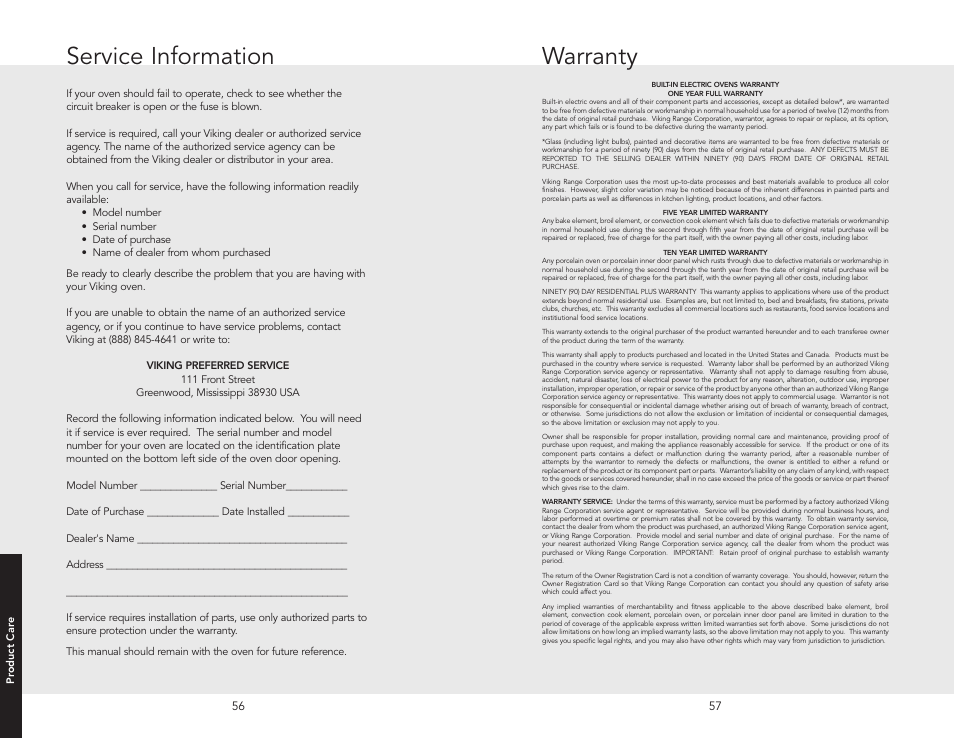 Warranty, Service information | Viking F20366B User Manual | Page 29 / 30