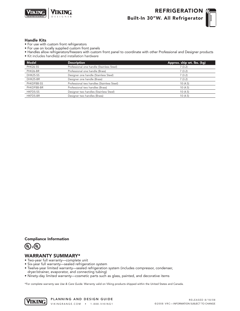 Refrigeration, Built-in 30”w. all refrigerator, Warranty summary | Handle kits, Compliance information | Viking DFRB304 User Manual | Page 10 / 10