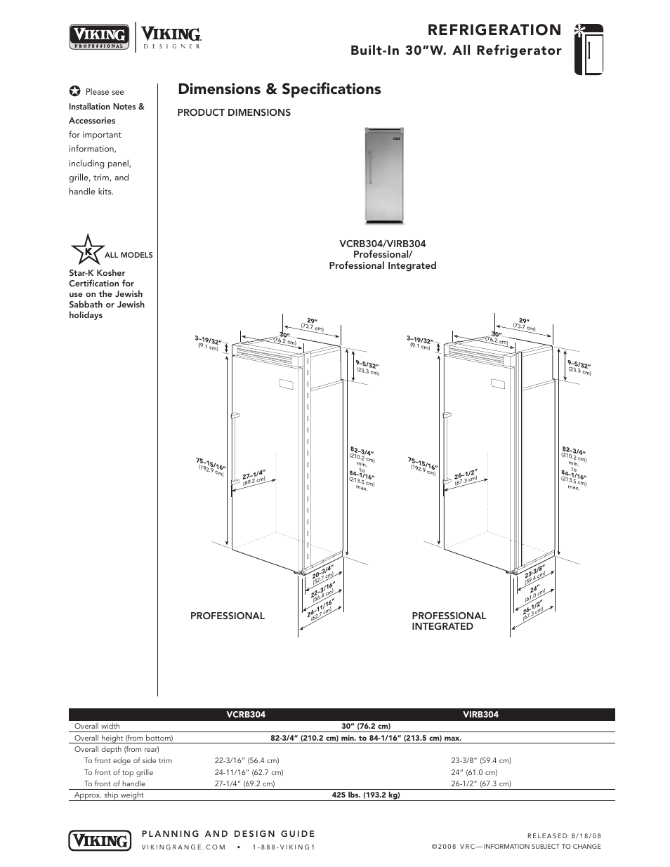 Refrigeration, Dimensions & specifications, Built-in 30”w. all refrigerator | Professional professional integrated, Product dimensions | Viking DFRB304 User Manual | Page 2 / 10