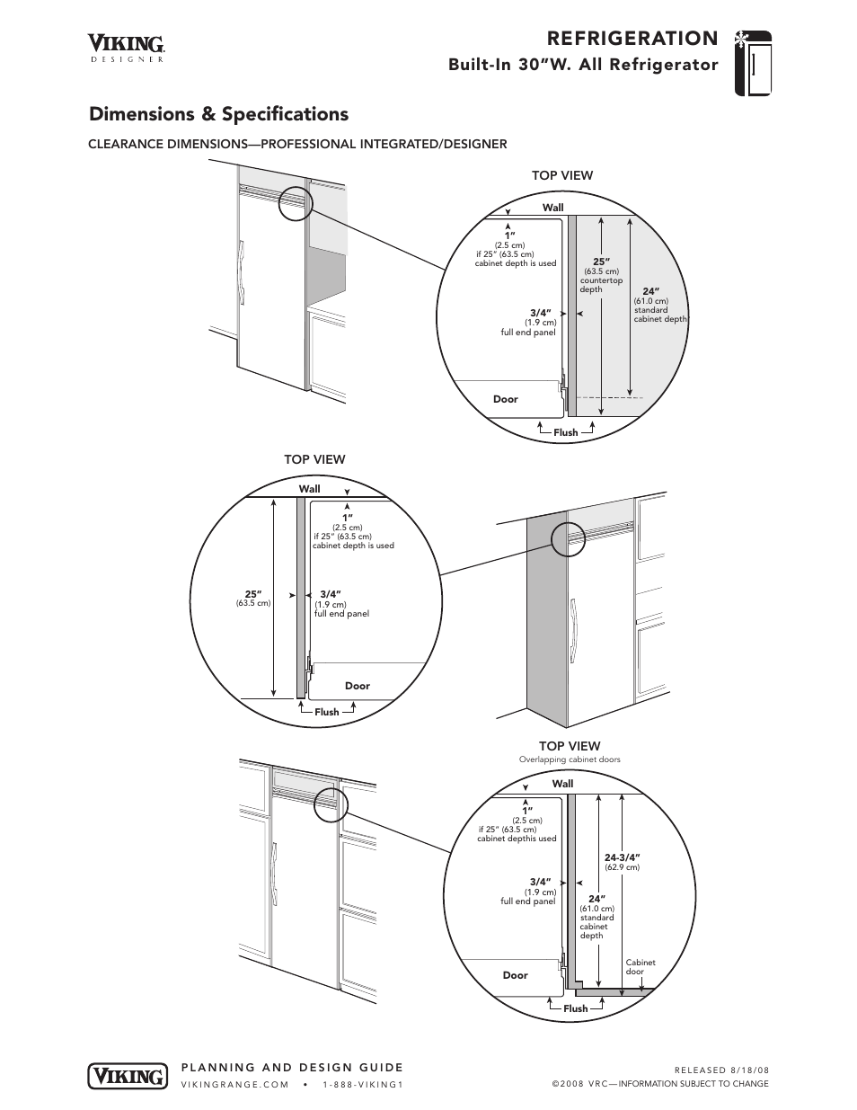 Refrigeration, Dimensions & specifications, Built-in 30”w. all refrigerator | Top view | Viking DFRB304 User Manual | Page 6 / 10