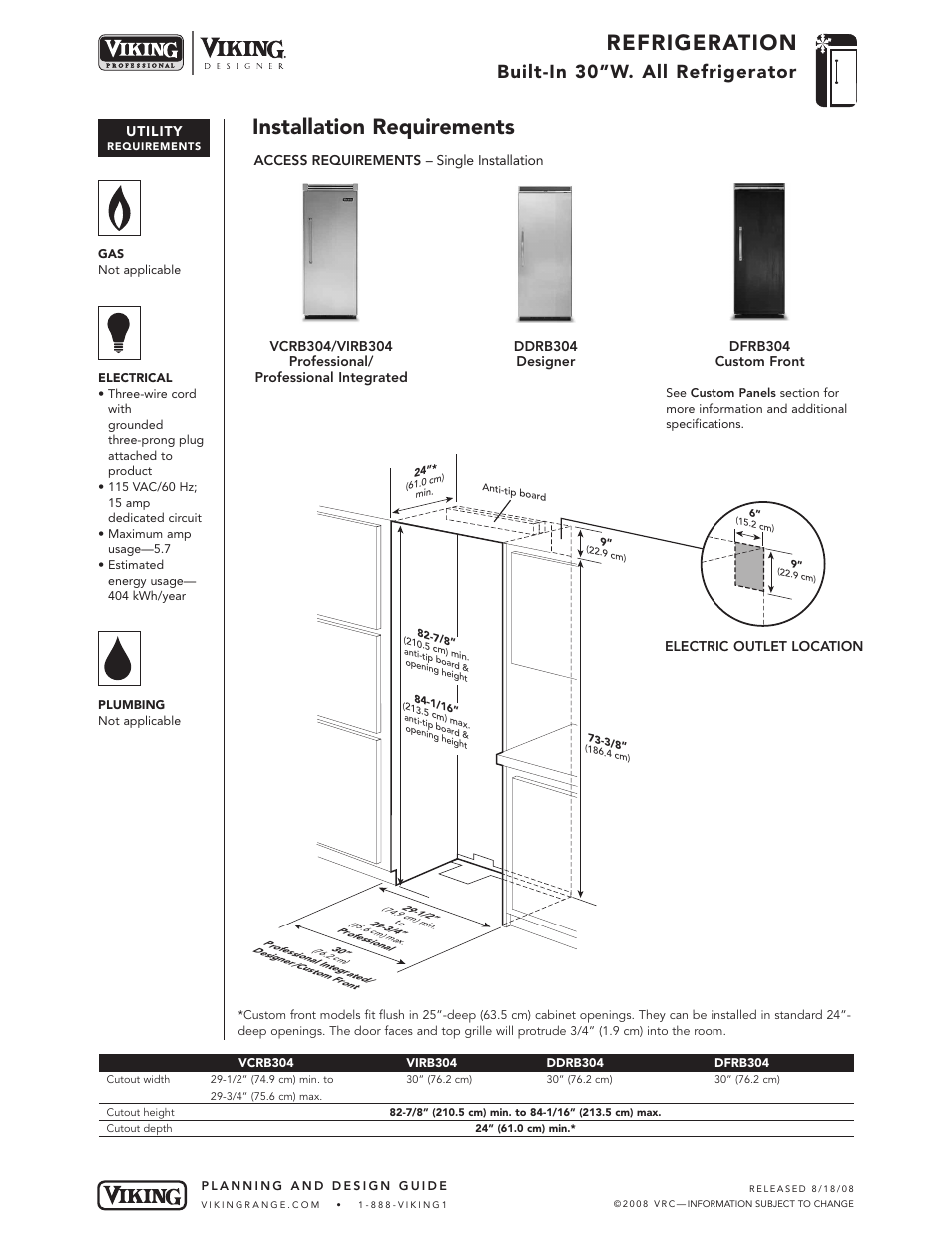 Refrigeration, Installation requirements, Built-in 30”w. all refrigerator | Viking DFRB304 User Manual | Page 7 / 10