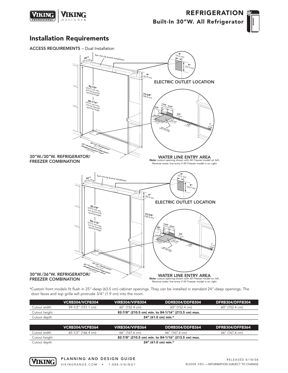 Refrigeration, Installation requirements, Built-in 30”w. all refrigerator | Electric outlet location water line entry area | Viking DFRB304 User Manual | Page 8 / 10