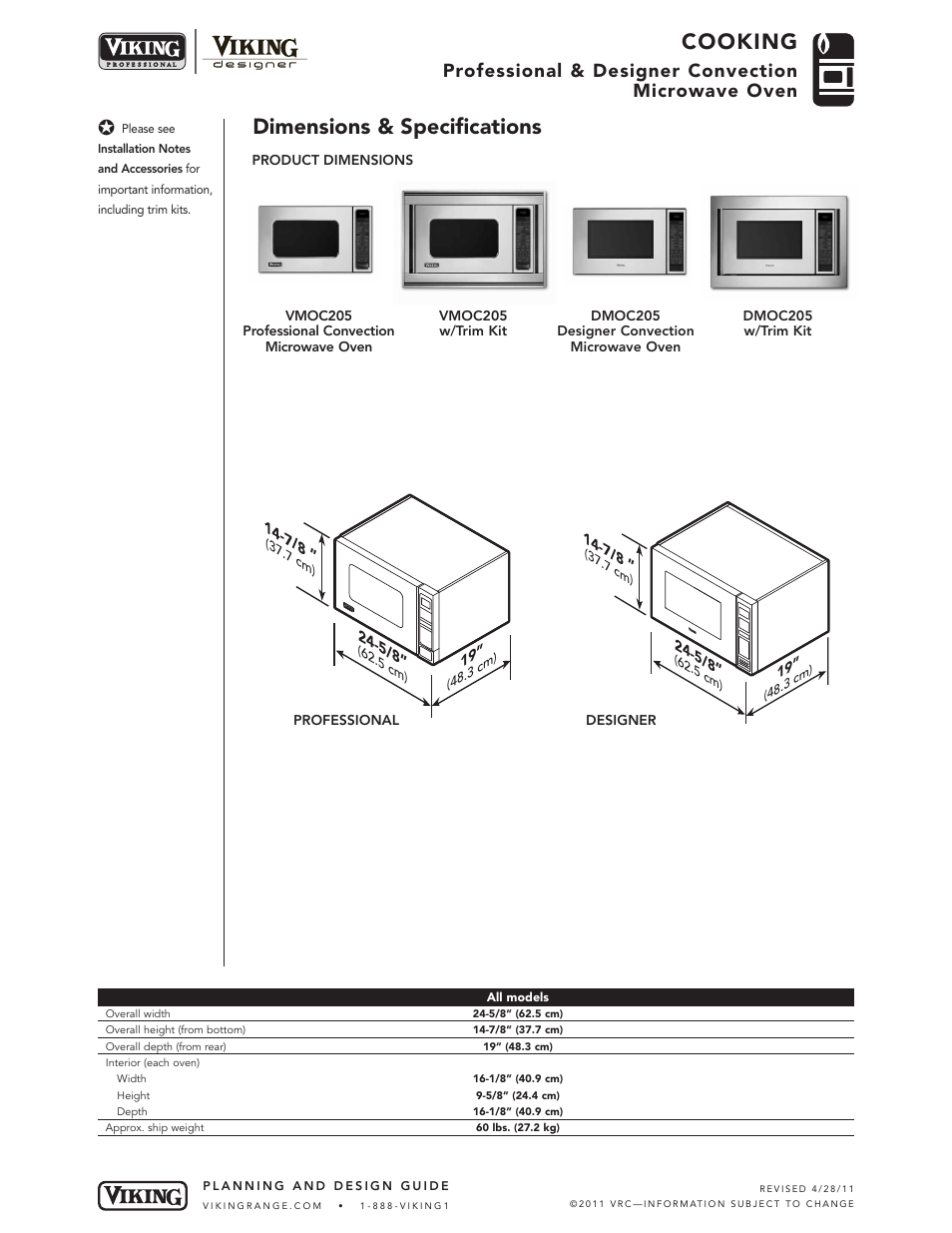 Cooking, Dimensions & specifications, Professional & designer convection microwave oven | Viking DMOC205 User Manual | Page 2 / 4