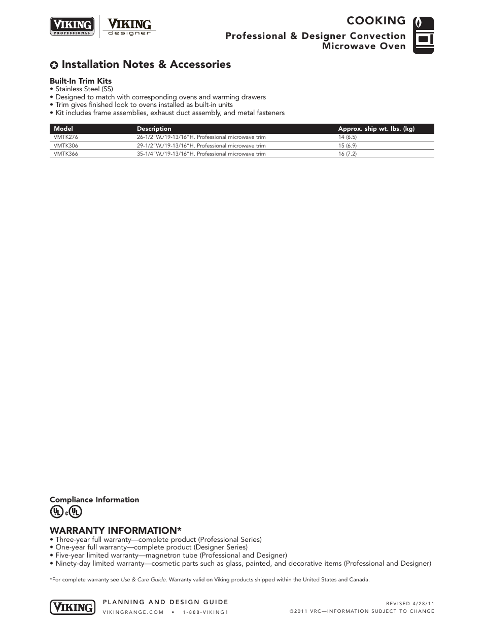 Cooking, Professional & designer convection microwave oven, Warranty information | Viking DMOC205 User Manual | Page 4 / 4