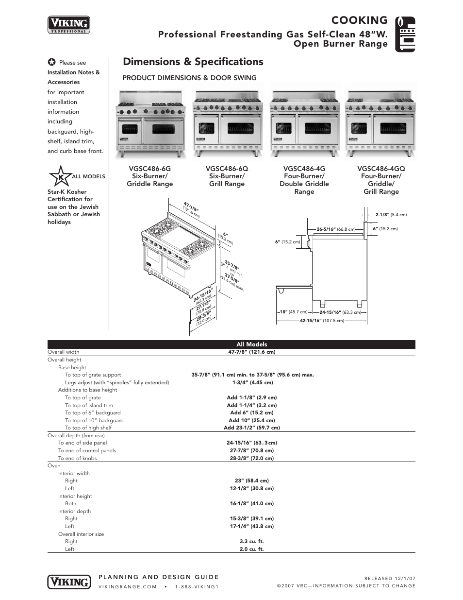 Cooking, Dimensions & specifications | Viking VGSC486 User Manual | Page 2 / 6