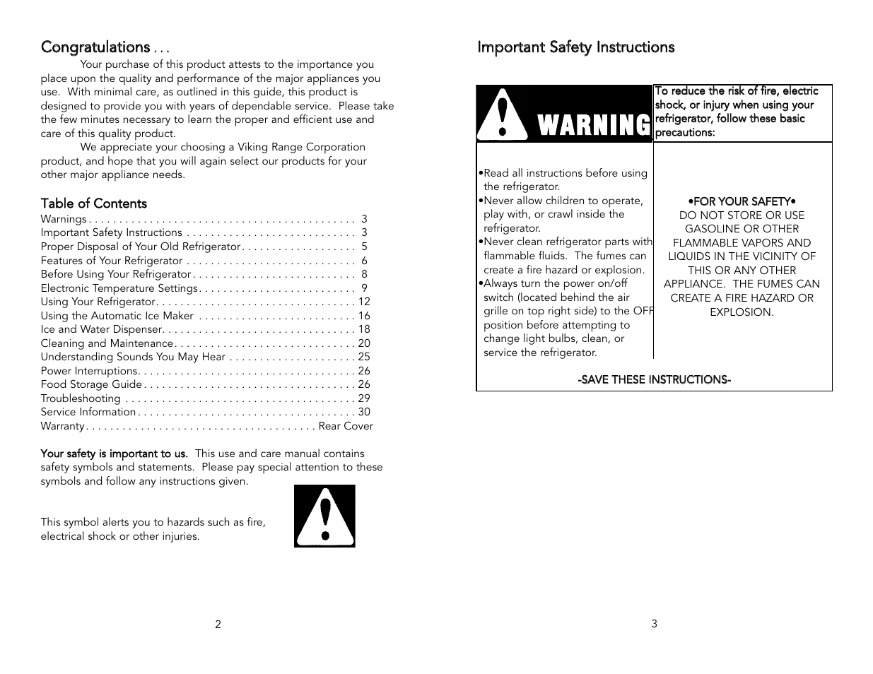 Warning | Viking F20398A User Manual | Page 2 / 16