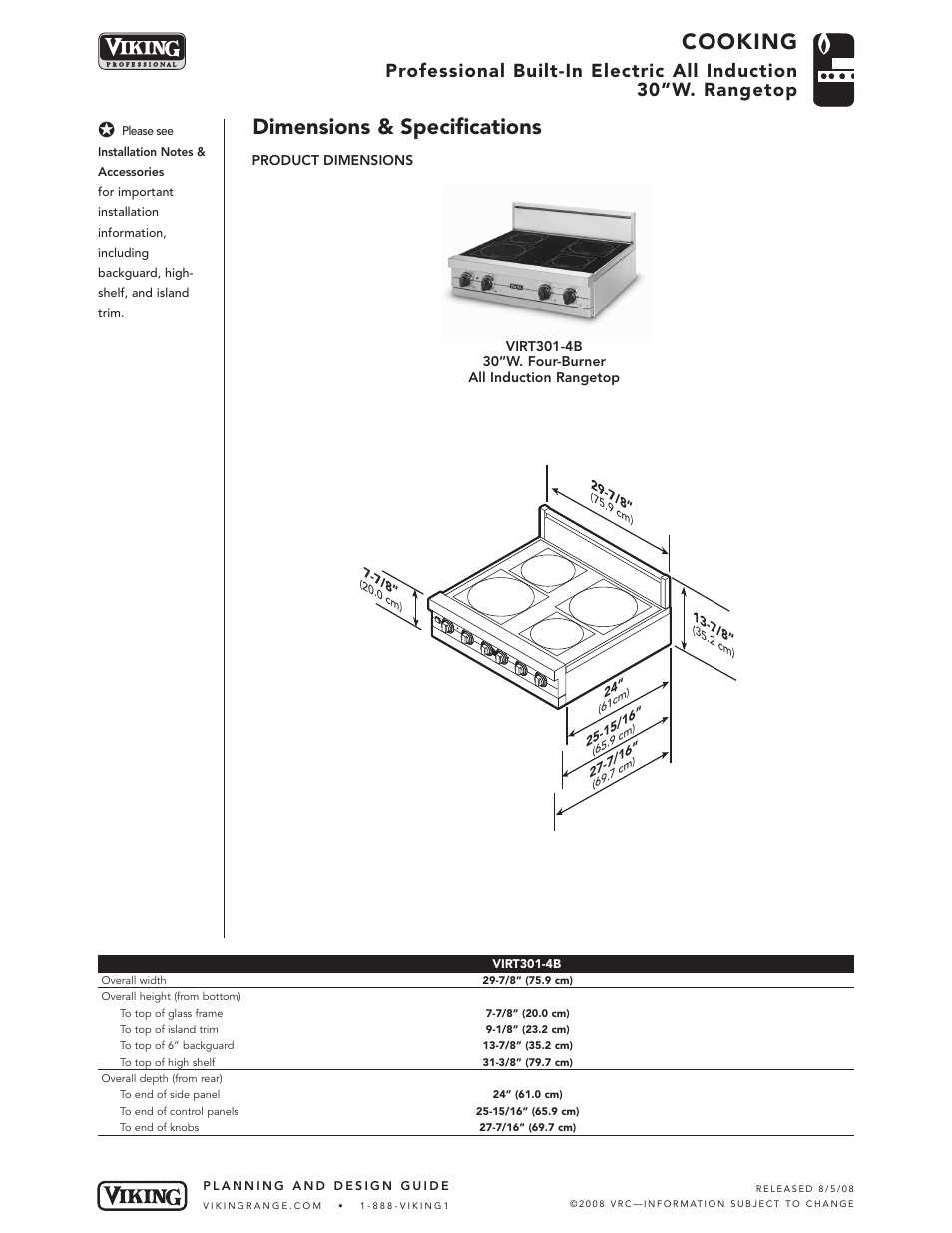 Cooking, Dimensions & specifications | Viking Cooking VIRT301-4B* User Manual | Page 2 / 5