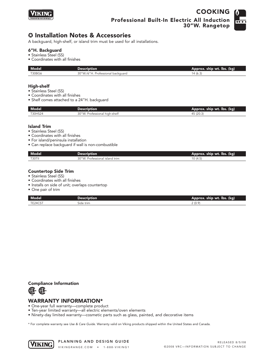 Cooking, Warranty information | Viking Cooking VIRT301-4B* User Manual | Page 5 / 5