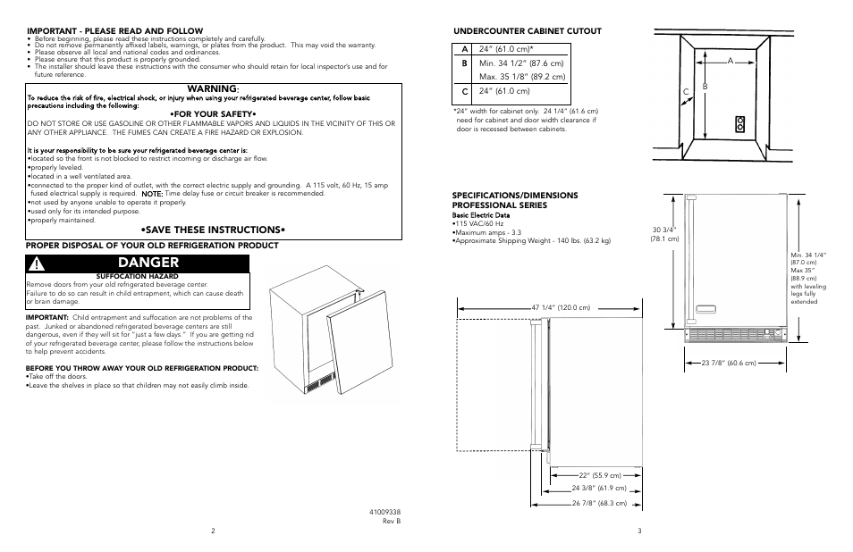 Danger, Warning, Save these instructions | Viking F20347B User Manual | Page 2 / 8