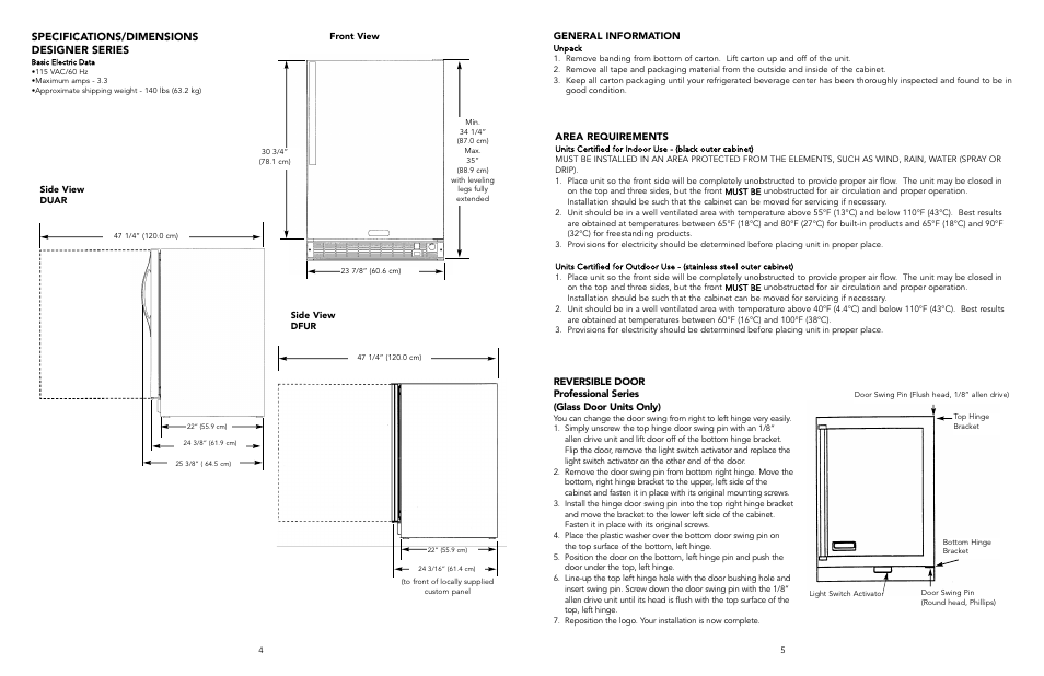 Specifications/dimensions designer series, Area requirements, General information | Viking F20347B User Manual | Page 3 / 8