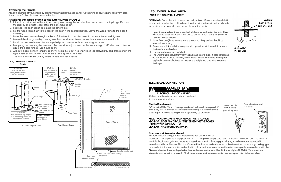 Warning, Electrical connection, Leg leveler installation | Attaching the wood frame to the door (dfur model), Attaching the handle | Viking F20347B User Manual | Page 5 / 8