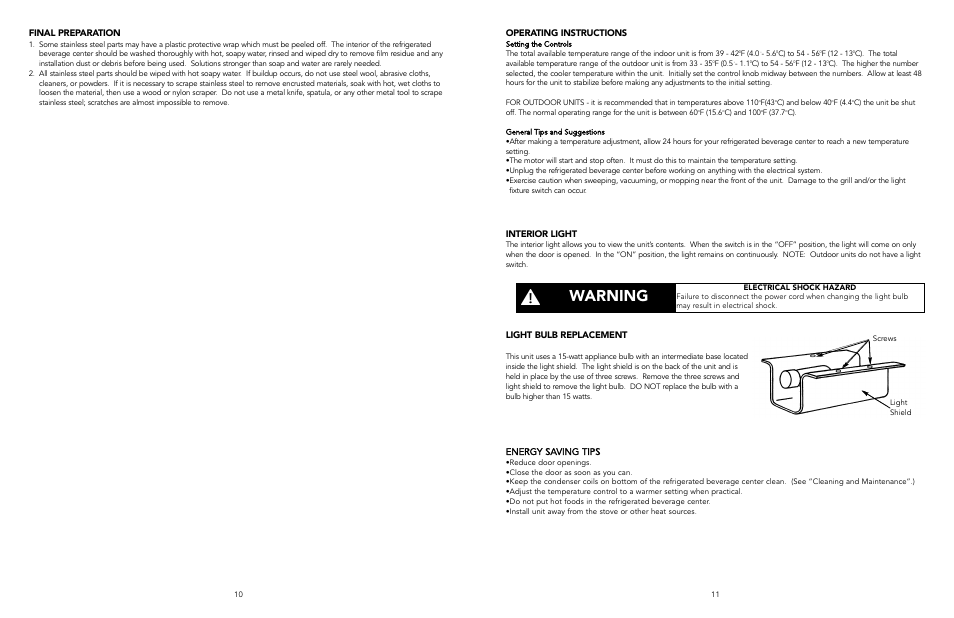 Warning, Light bulb replacement, Energy saving tips | Interior light, Operating instructions, Final preparation | Viking F20347B User Manual | Page 6 / 8