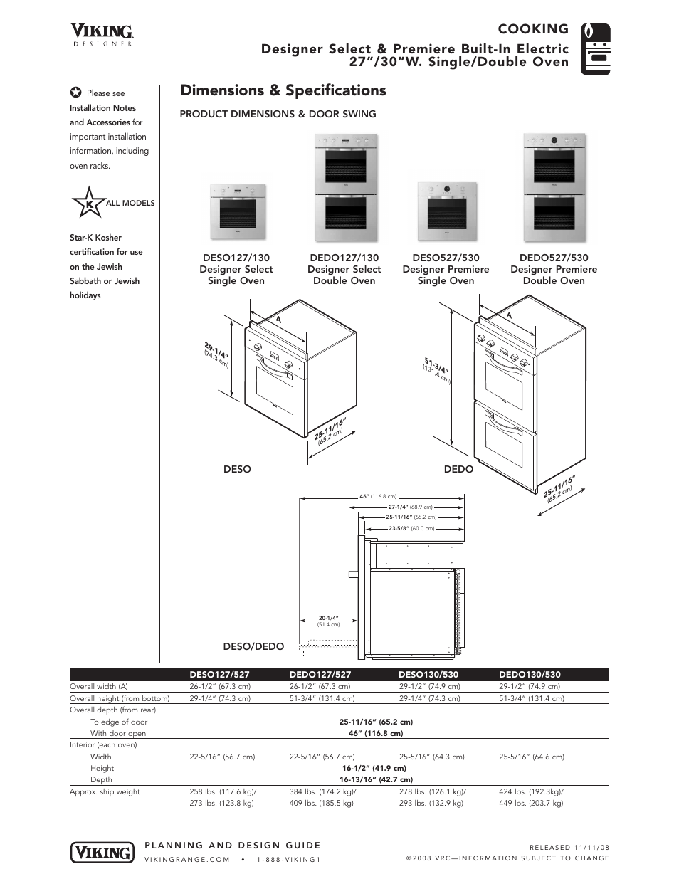 Dimensions & specifications | Viking DEDO127/130 User Manual | Page 3 / 5