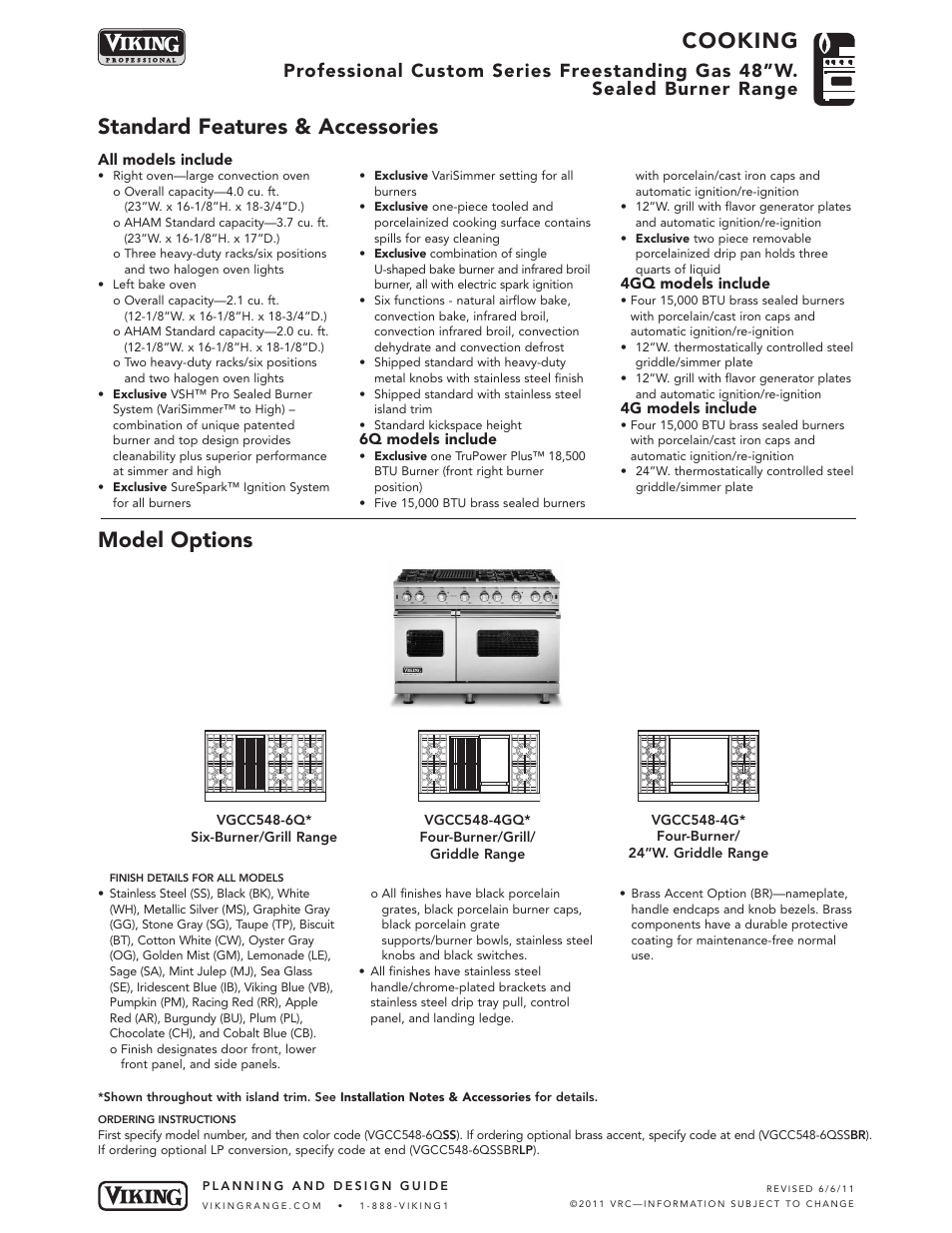 Cooking, Standard features & accessories model options | Viking VGCC548-8B User Manual | Page 2 / 8