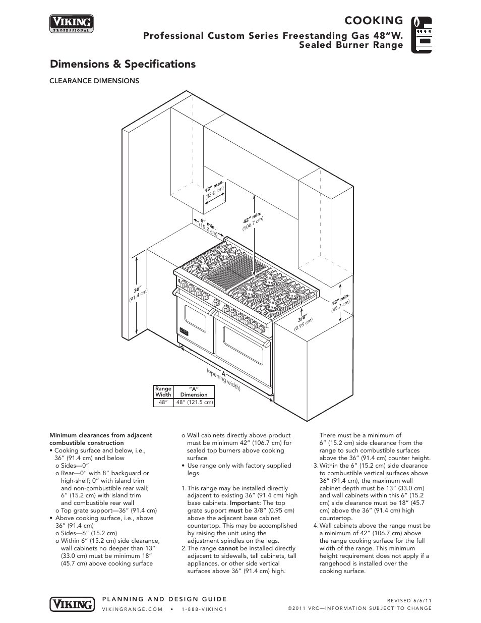 Cooking, Dimensions & specifications | Viking VGCC548-8B User Manual | Page 4 / 8