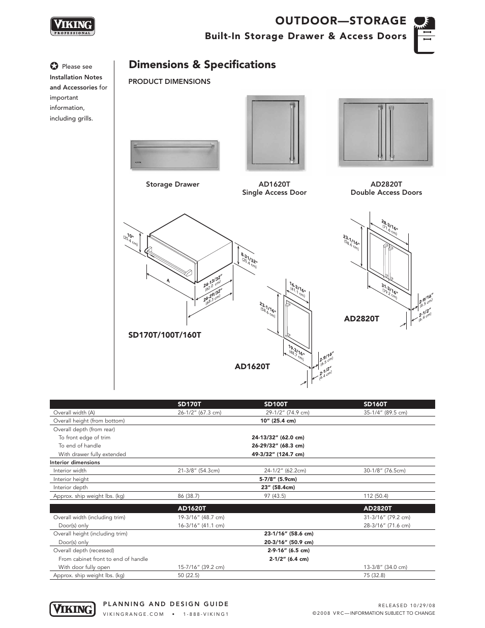 Outdoor—storage, Dimensions & specifications, Built-in storage drawer & access doors | Storage drawer ad2820t double access doors, Product dimensions, Ad1620t single access door | Viking Storage Drawer User Manual | Page 2 / 5