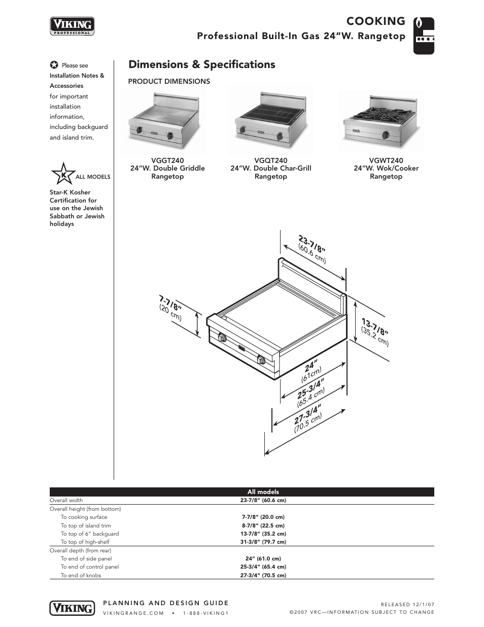 Cooking, Dimensions & specifications, Professional built-in gas 24”w. rangetop | Viking VGQT240 User Manual | Page 2 / 5