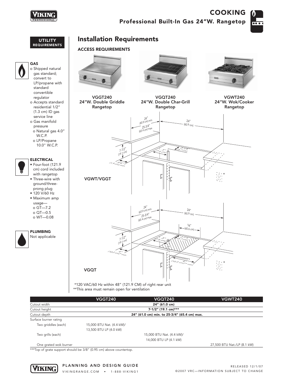 Cooking, Installation requirements, Professional built-in gas 24”w. rangetop | Viking VGQT240 User Manual | Page 4 / 5