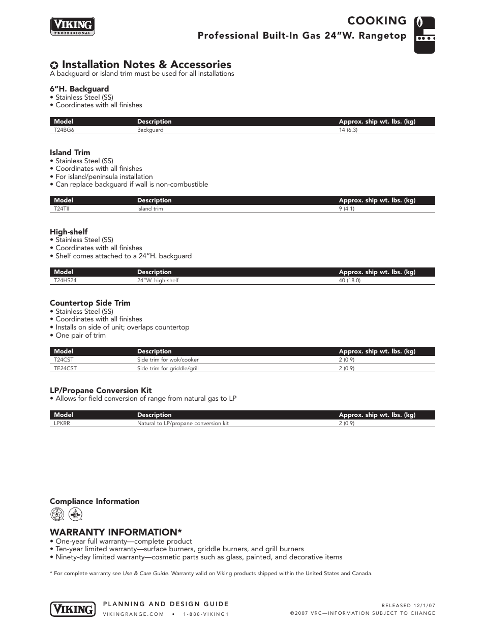 Cooking, Warranty information, Professional built-in gas 24”w. rangetop | Viking VGQT240 User Manual | Page 5 / 5