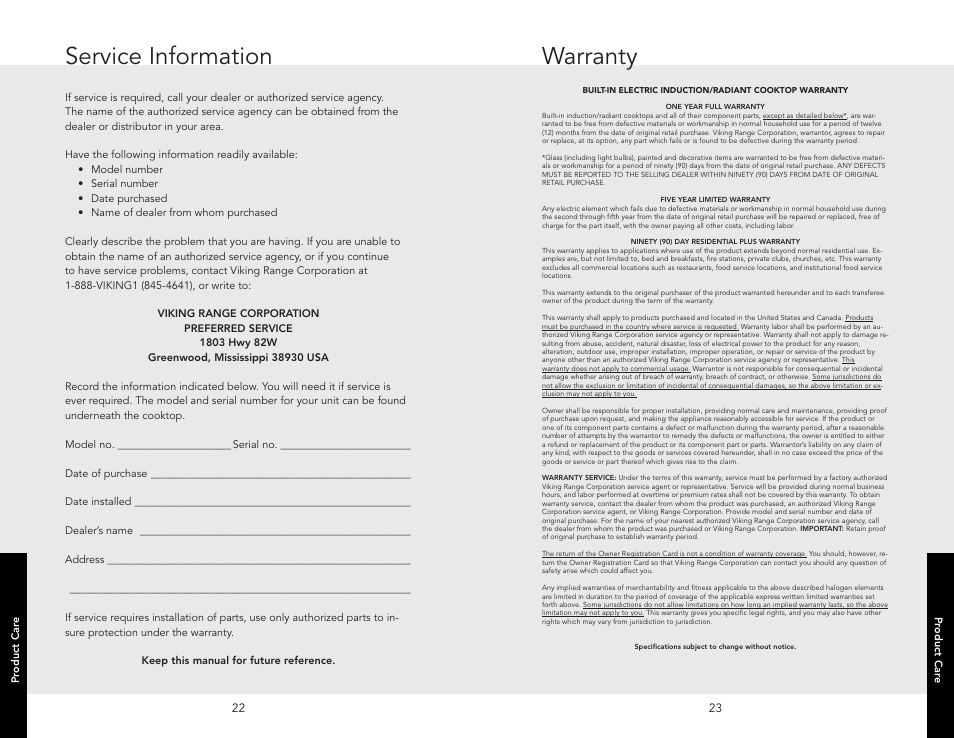 Service information, Warranty | Viking F20111B (M0306VR) User Manual | Page 12 / 12