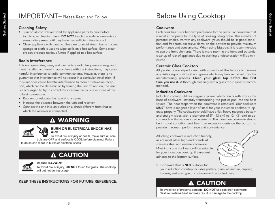 Before using cooktop, Product controls, Cooktop features | Important, Warning, Caution | Viking F20111B (M0306VR) User Manual | Page 5 / 12