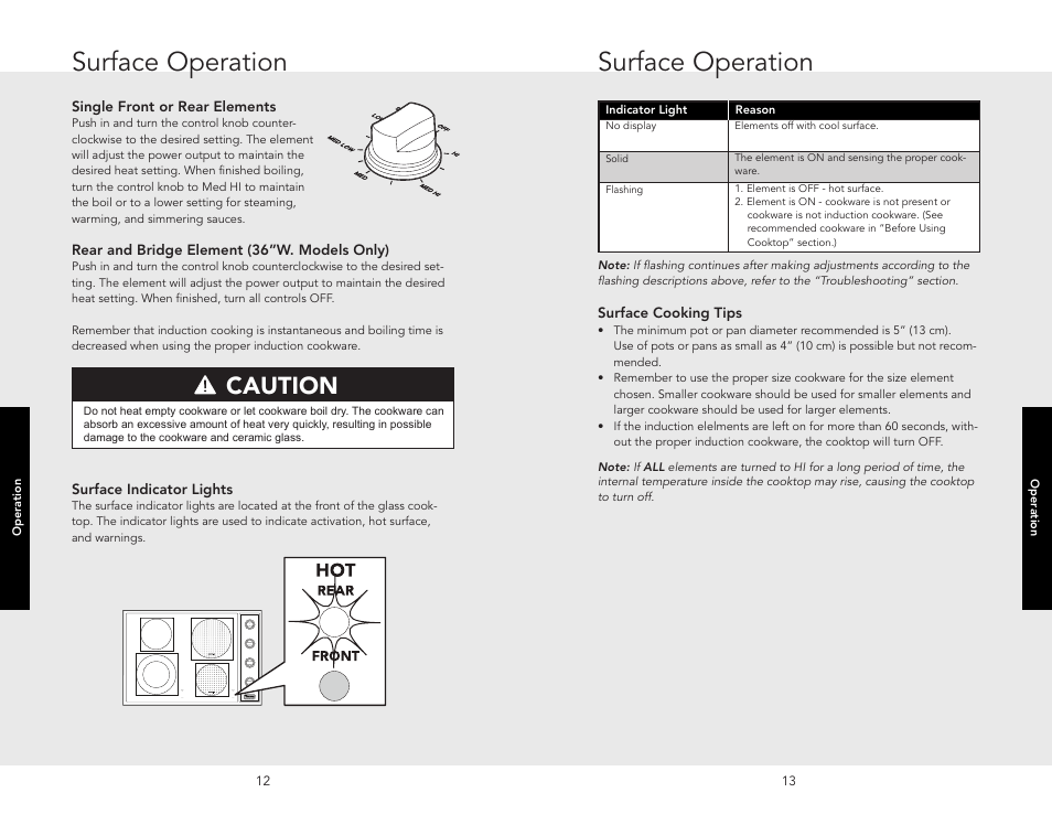 Surface heat setting, Urface operation, Surface heat settings | Surface operation, Caution | Viking F20111B (M0306VR) User Manual | Page 7 / 12