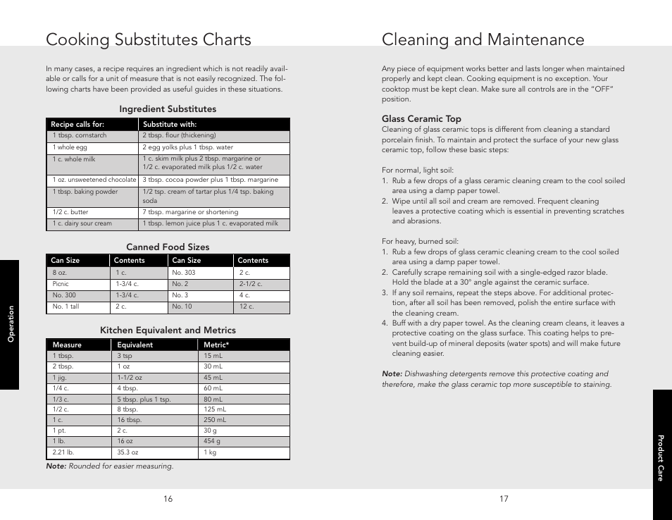 Cooking substitutes charts, Cleaning and maintenance | Viking F20111B (M0306VR) User Manual | Page 9 / 12