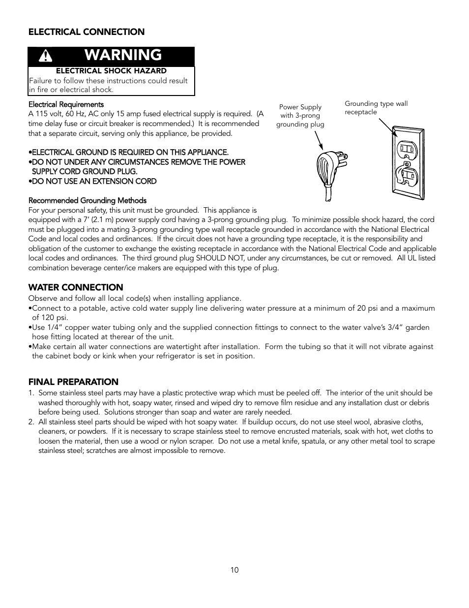 Warning | Viking Combination Beverage Center User Manual | Page 10 / 20