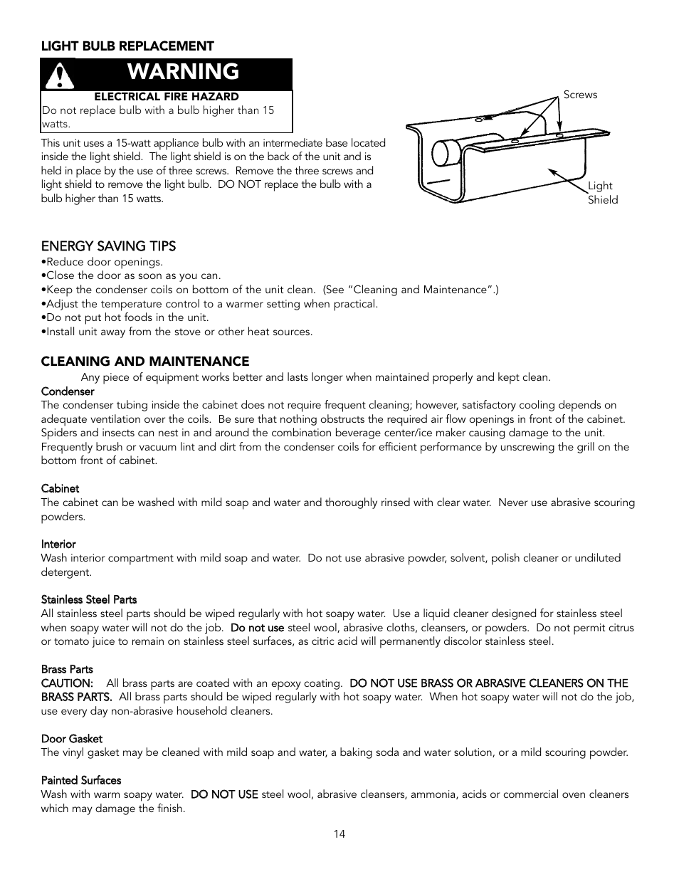 Warning | Viking Combination Beverage Center User Manual | Page 14 / 20