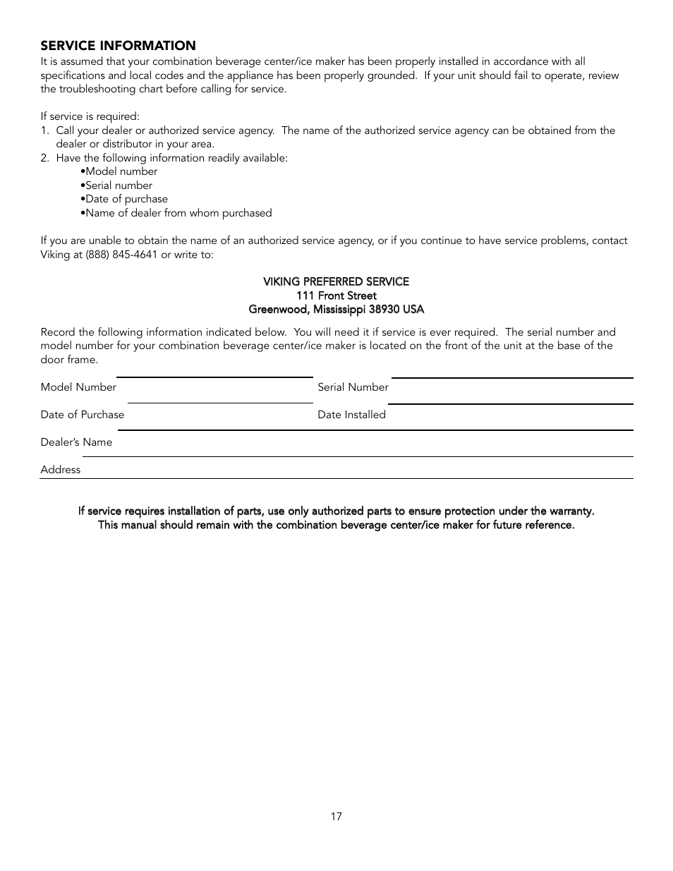 Viking Combination Beverage Center User Manual | Page 17 / 20