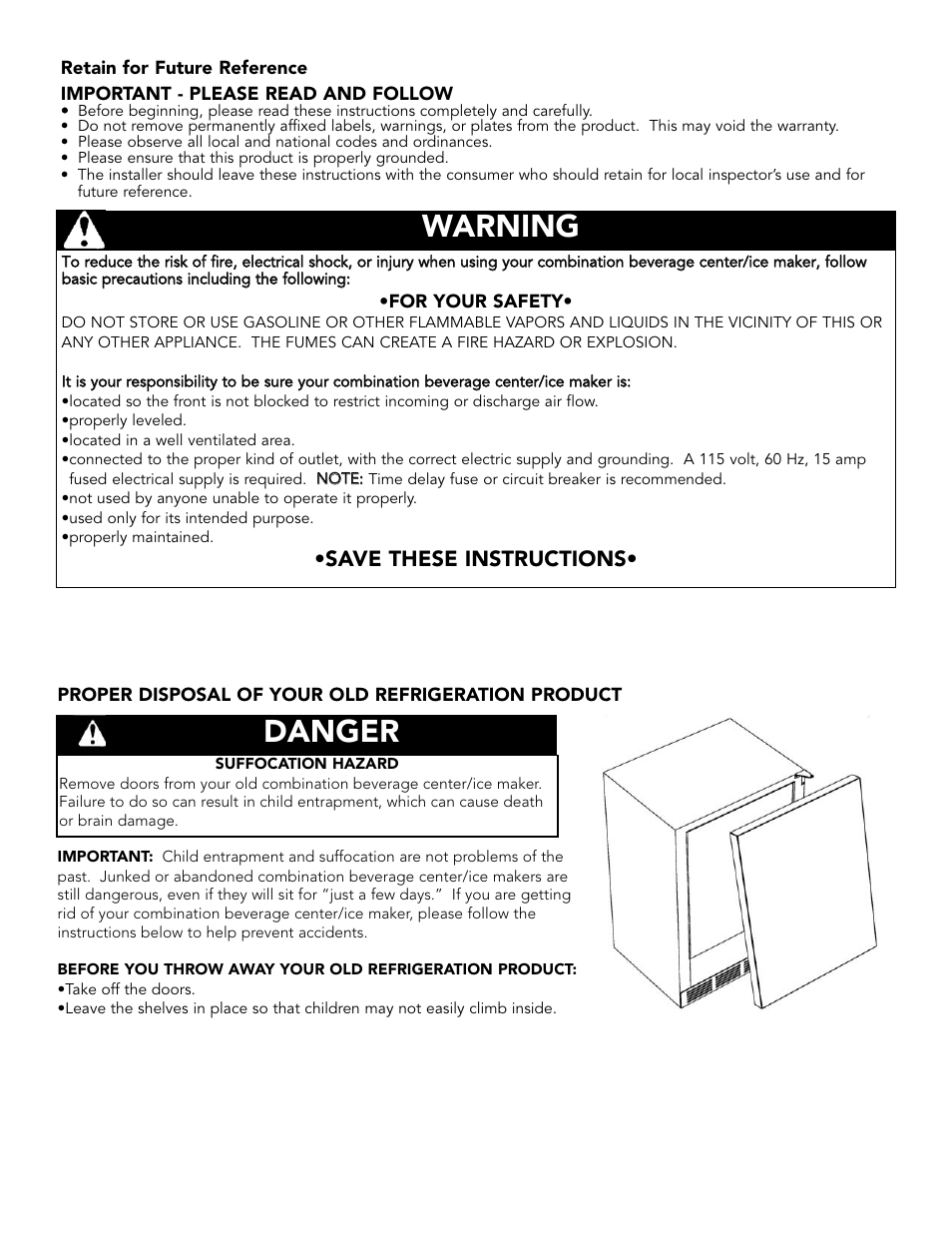 Danger warning, Save these instructions | Viking Combination Beverage Center User Manual | Page 2 / 20