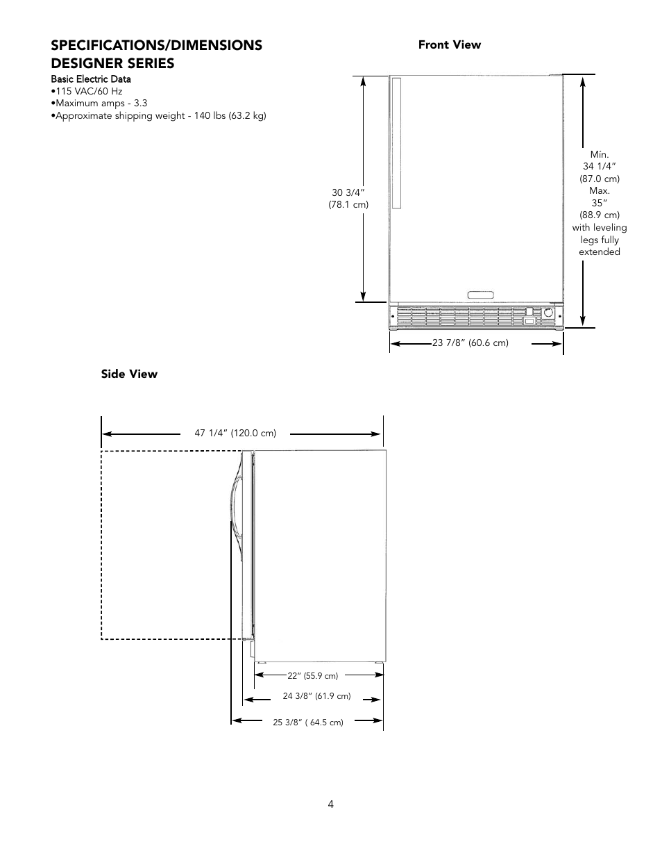 Specifications/dimensions designer series | Viking Combination Beverage Center User Manual | Page 4 / 20