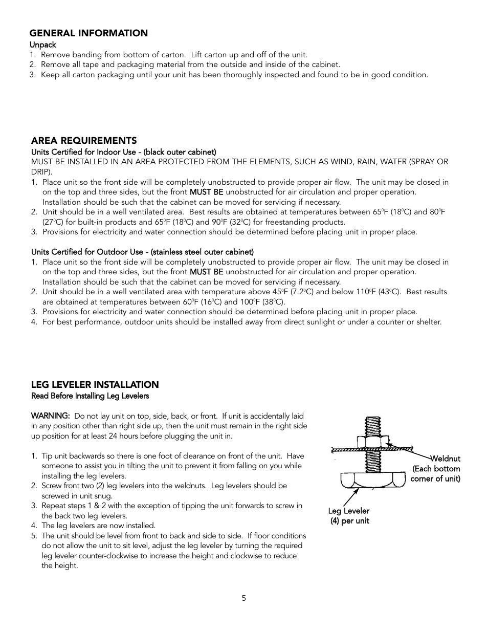 Area requirements, General information, Leg leveler installation | Viking Combination Beverage Center User Manual | Page 5 / 20