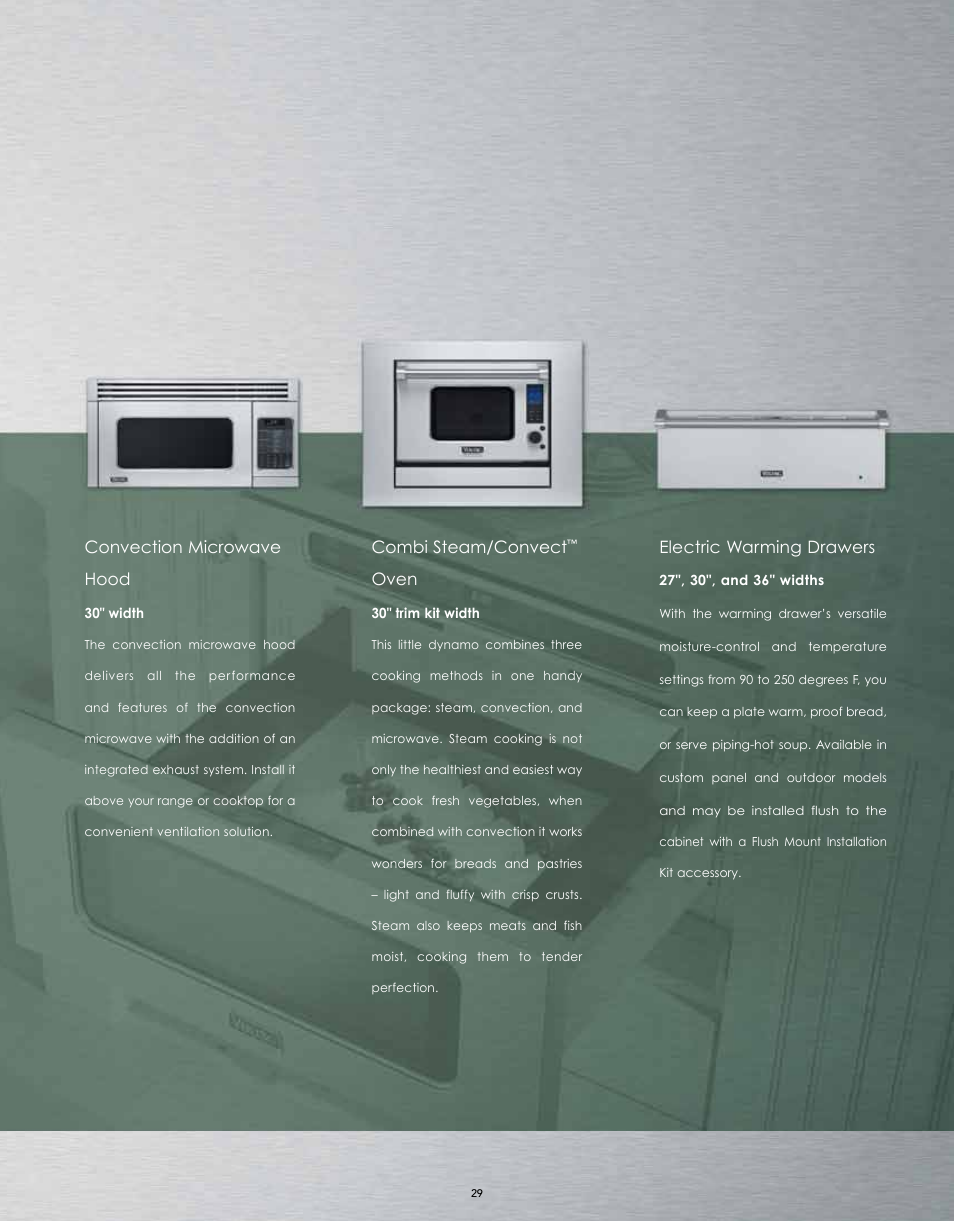 Electric warming drawers, Convection microwave hood, Combi steam/convect | Oven | Viking M0908F60094G User Manual | Page 29 / 64