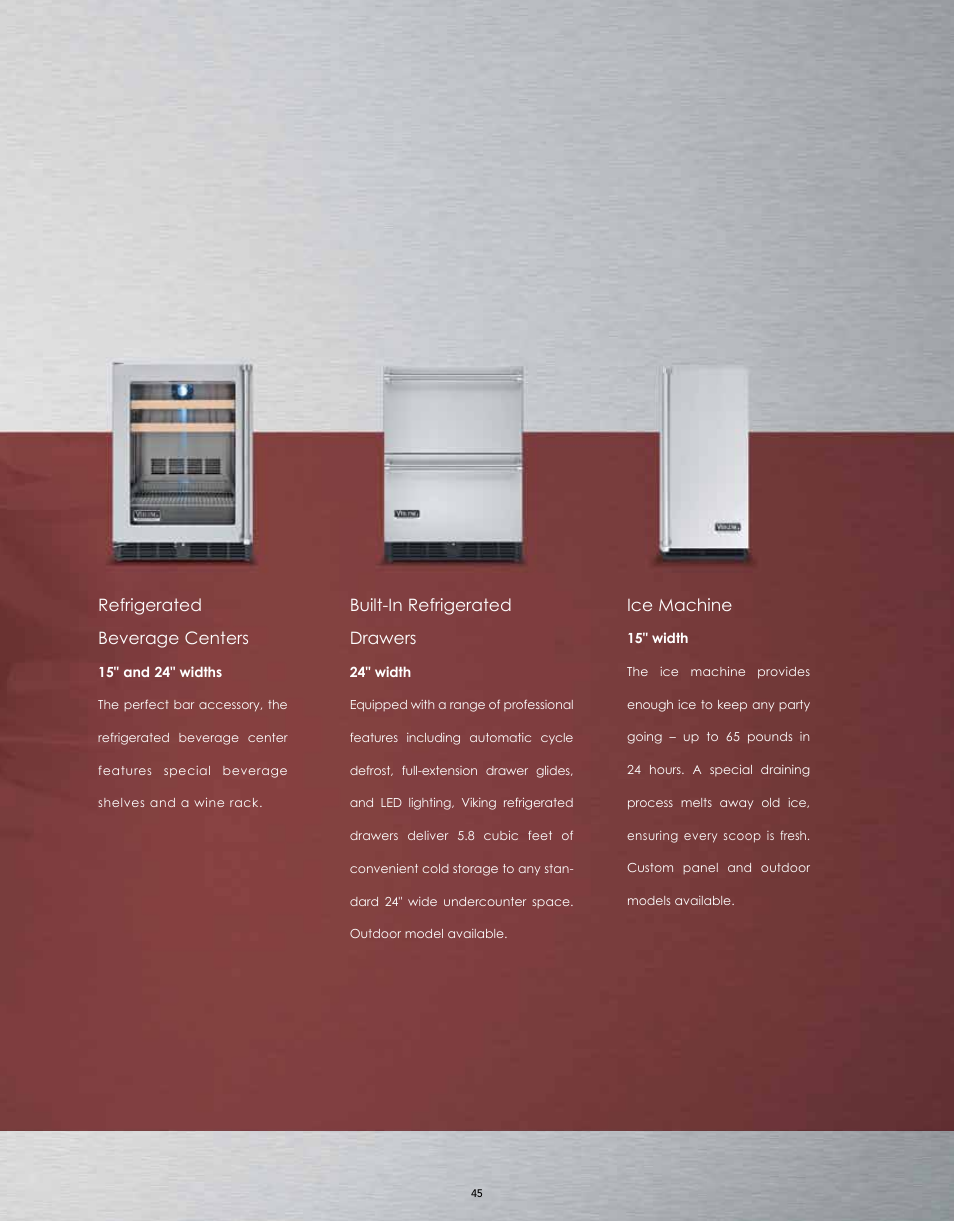 Refrigerated beverage centers, Built-in refrigerated drawers, Ice machine | Viking M0908F60094G User Manual | Page 45 / 64