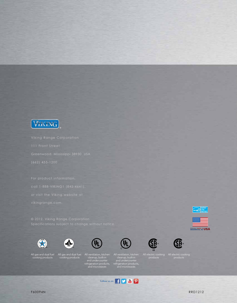 Viking M0908F60094G User Manual | Page 64 / 64