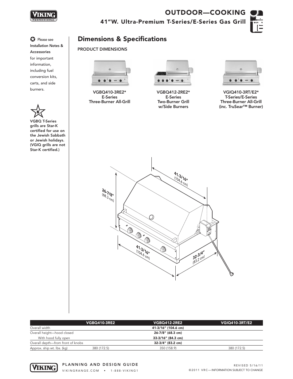 Outdoor—cooking, Dimensions & specifications, 41”w. ultra-premium t-series/e-series gas grill | Viking VGIQ412-2RT1* User Manual | Page 3 / 8