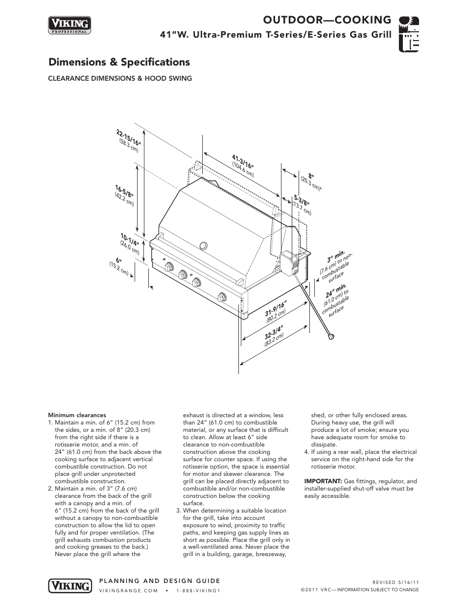 Outdoor—cooking, Dimensions & specifications, 41”w. ultra-premium t-series/e-series gas grill | Viking VGIQ412-2RT1* User Manual | Page 4 / 8