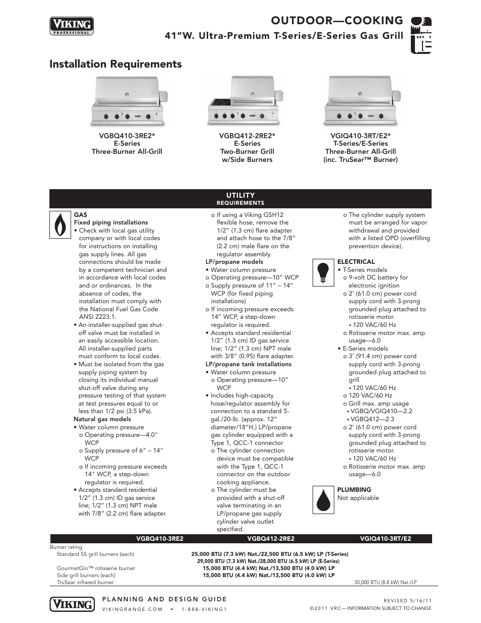 Outdoor—cooking, Installation requirements, 41”w. ultra-premium t-series/e-series gas grill | Viking VGIQ412-2RT1* User Manual | Page 6 / 8