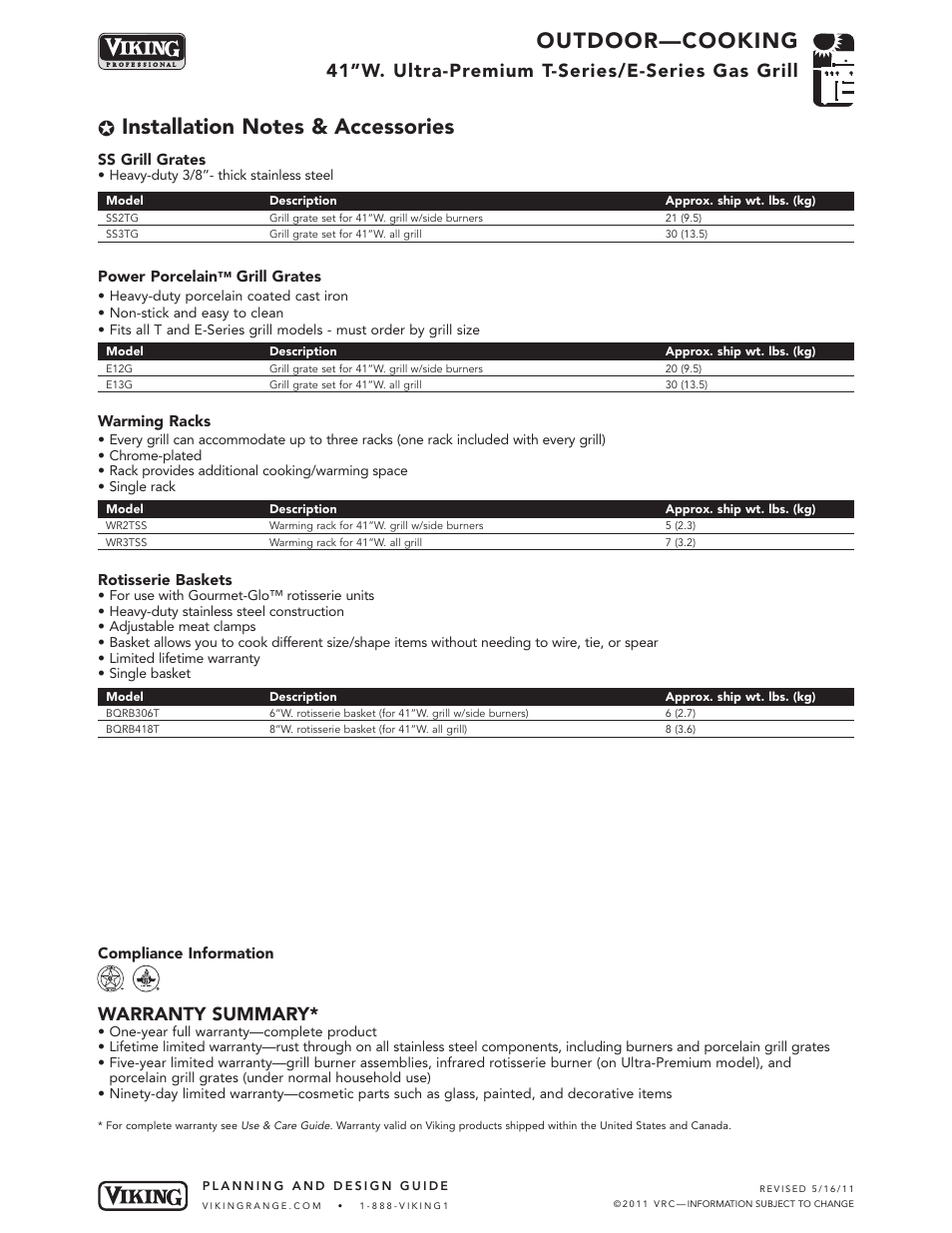 Outdoor—cooking, 41”w. ultra-premium t-series/e-series gas grill, Warranty summary | Viking VGIQ412-2RT1* User Manual | Page 8 / 8