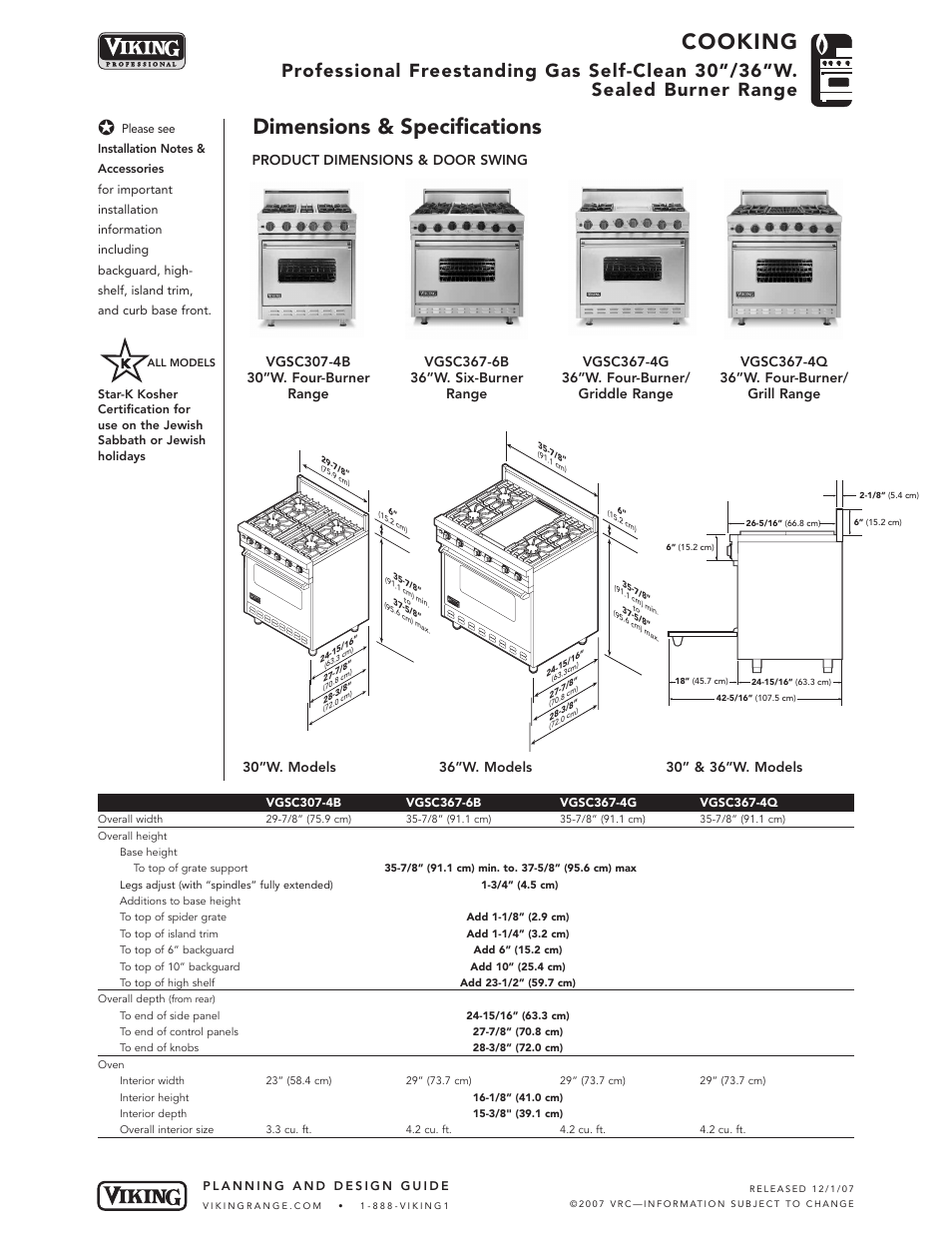 Cooking, Dimensions & specifications, Product dimensions & door swing | Viking VGSC307-4BSS User Manual | Page 2 / 6