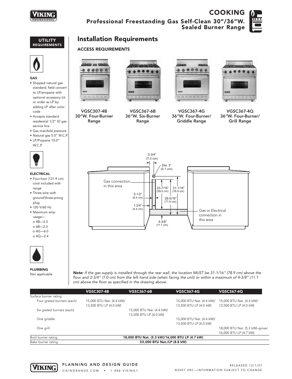 Cooking, Installation requirements | Viking VGSC307-4BSS User Manual | Page 4 / 6