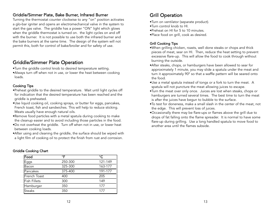 Grill operation, Griddle/simmer plate operation | Viking F1737H User Manual | Page 7 / 20