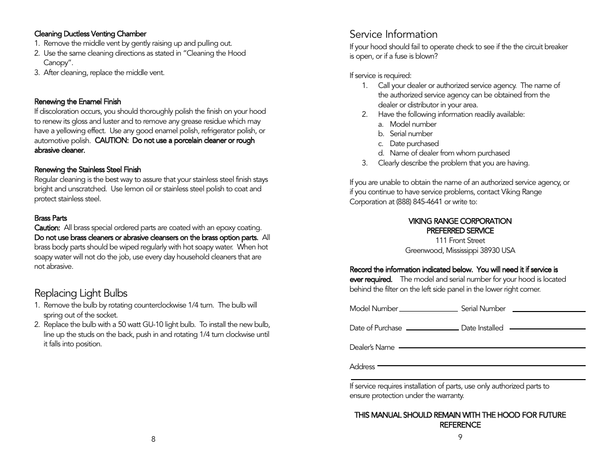 Replacing light bulbs, Service information | Viking F20039C User Manual | Page 5 / 6