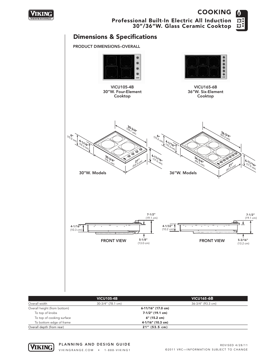 Cooking, Dimensions & specifications, Front view | Viking VICU105-4B User Manual | Page 2 / 5