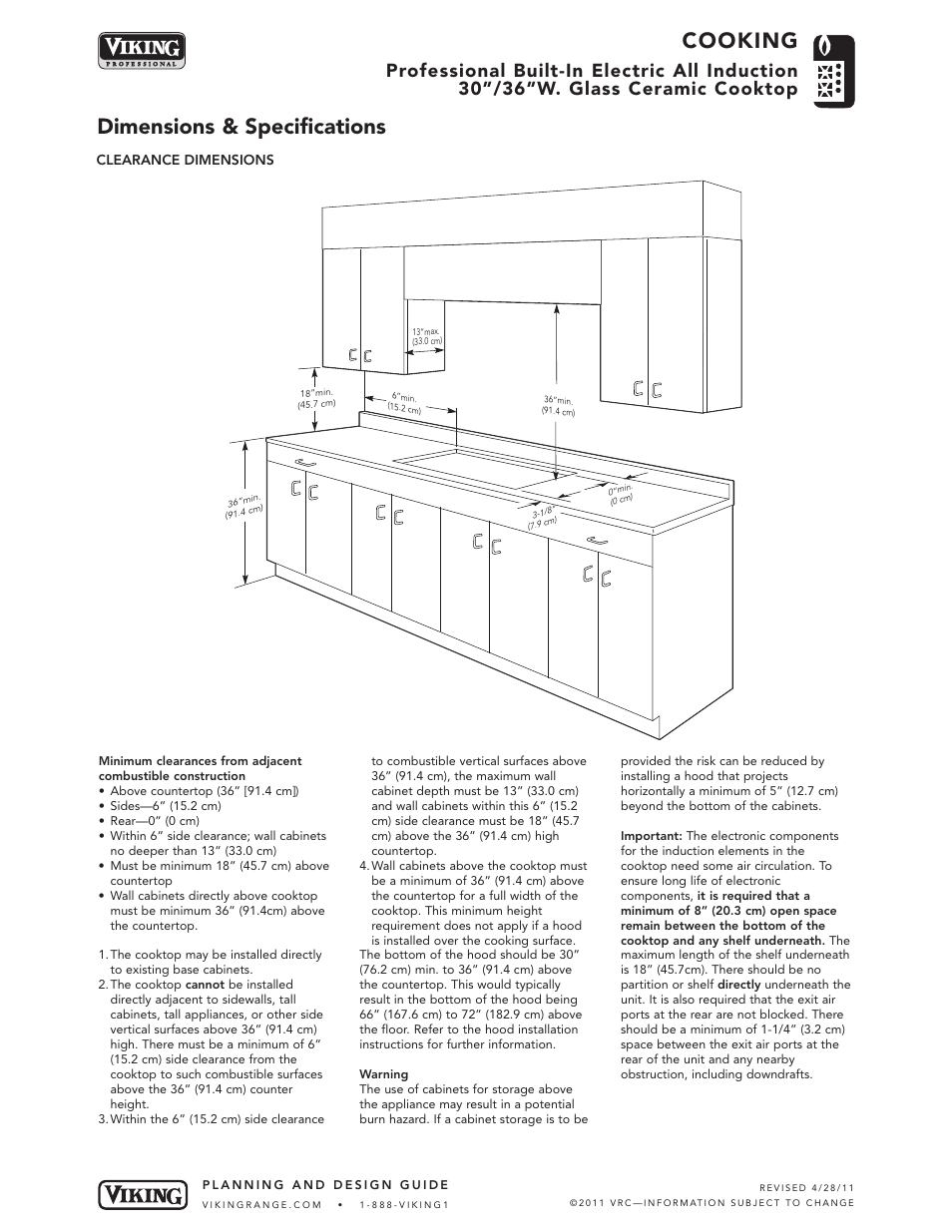 Cooking, Dimensions & specifications | Viking VICU105-4B User Manual | Page 3 / 5