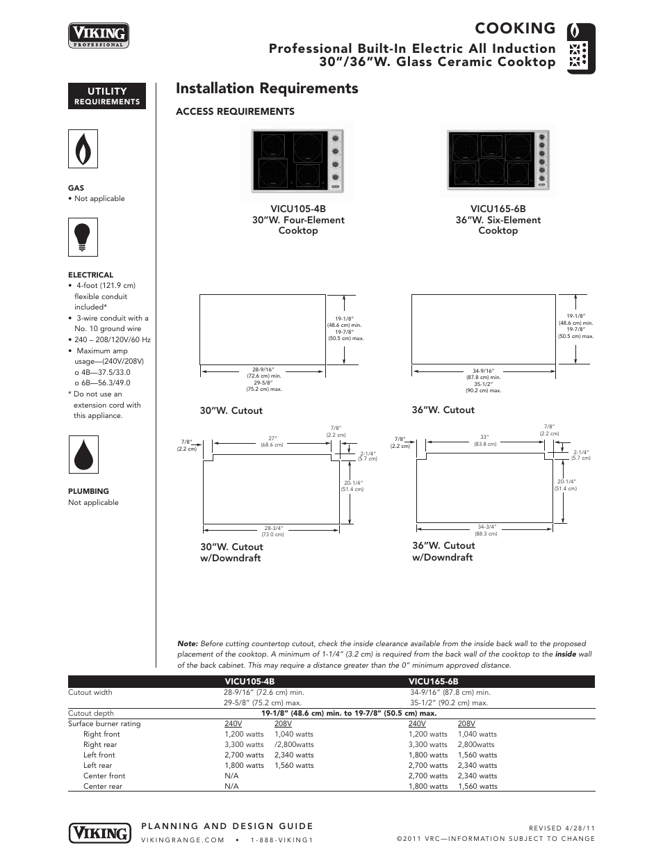 Cooking, Installation requirements, Utility | Viking VICU105-4B User Manual | Page 4 / 5