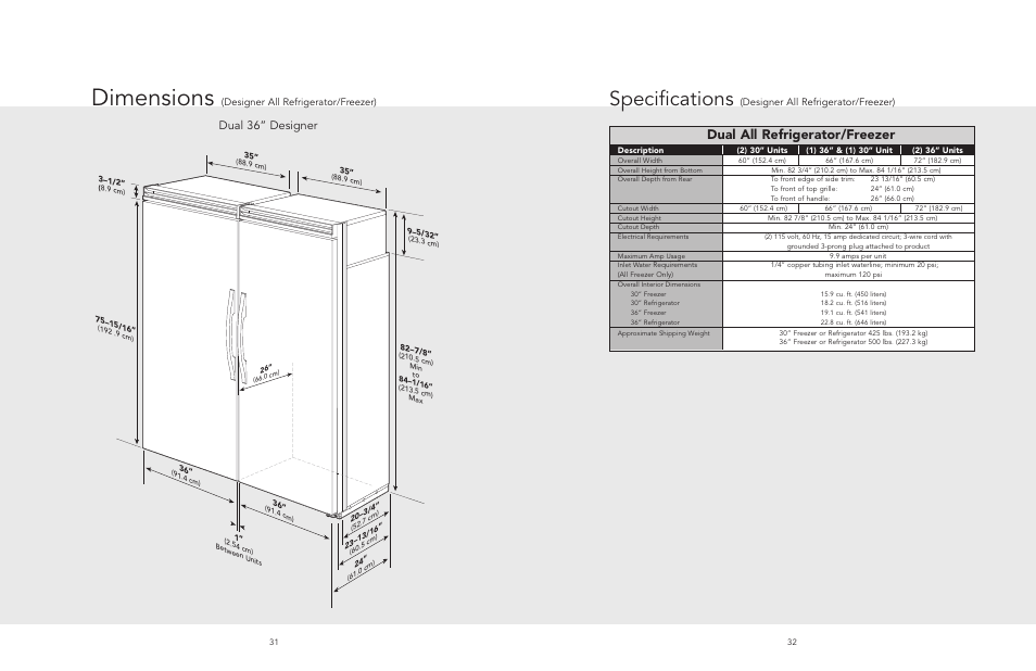 Dimensions, Specifications, Dual all refrigerator/freezer | Dual 36” designer, Designer all refrigerator/freezer) | Viking AF/AR User Manual | Page 16 / 26